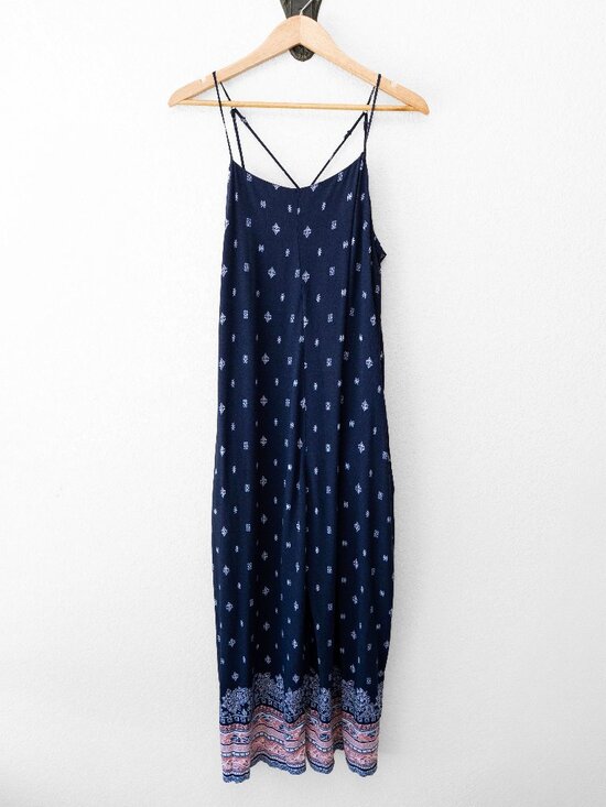 Eyeshadow Pants - Eyeshadow Wide Leg Jumpsuit XL Blue Boho Print Strappy Back Pockets Flowy Summer